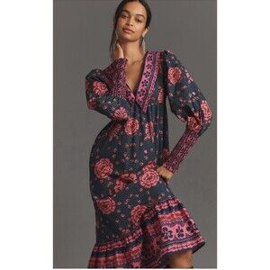 Farm Rio Anthropologie Midi Dress Pink Puff Sleeve V Neck Retro Boho Medium NWT